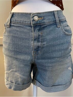 Light Wash Distressed Denim Rolled Cuff Shorts